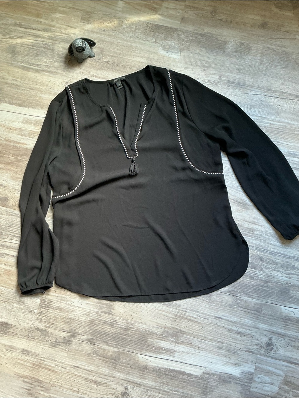 J. Crew Black V-Neck Tassel Long-Sleeve Blouse